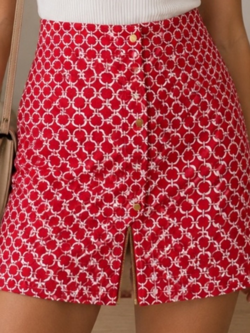 Michael kors Red and White Patterned mini Skirt with gold hardware NWOT